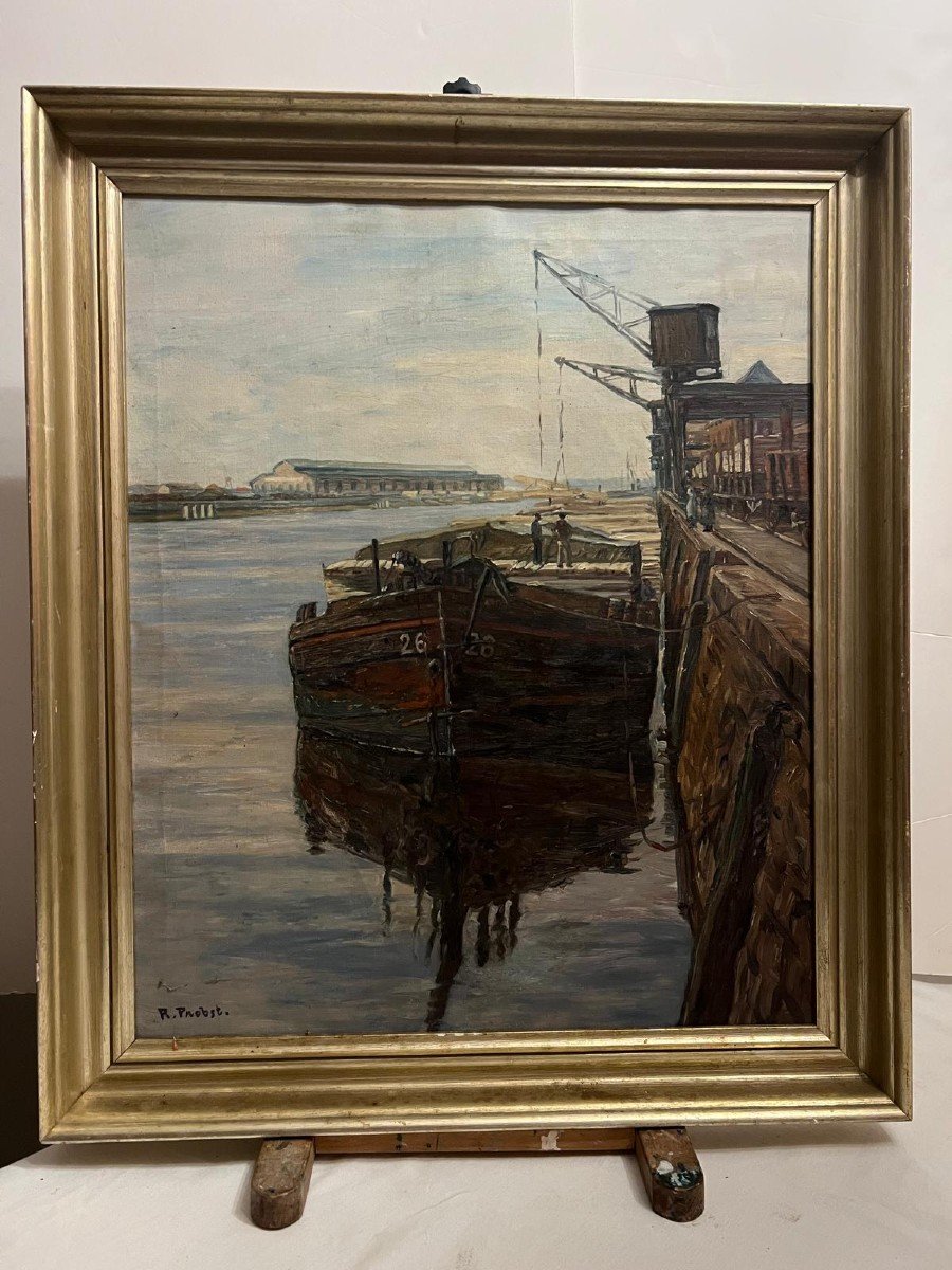 Painting Signed Rudolf Probst 1883-1960, Barge At Quay, Oil On Canvas. -photo-4