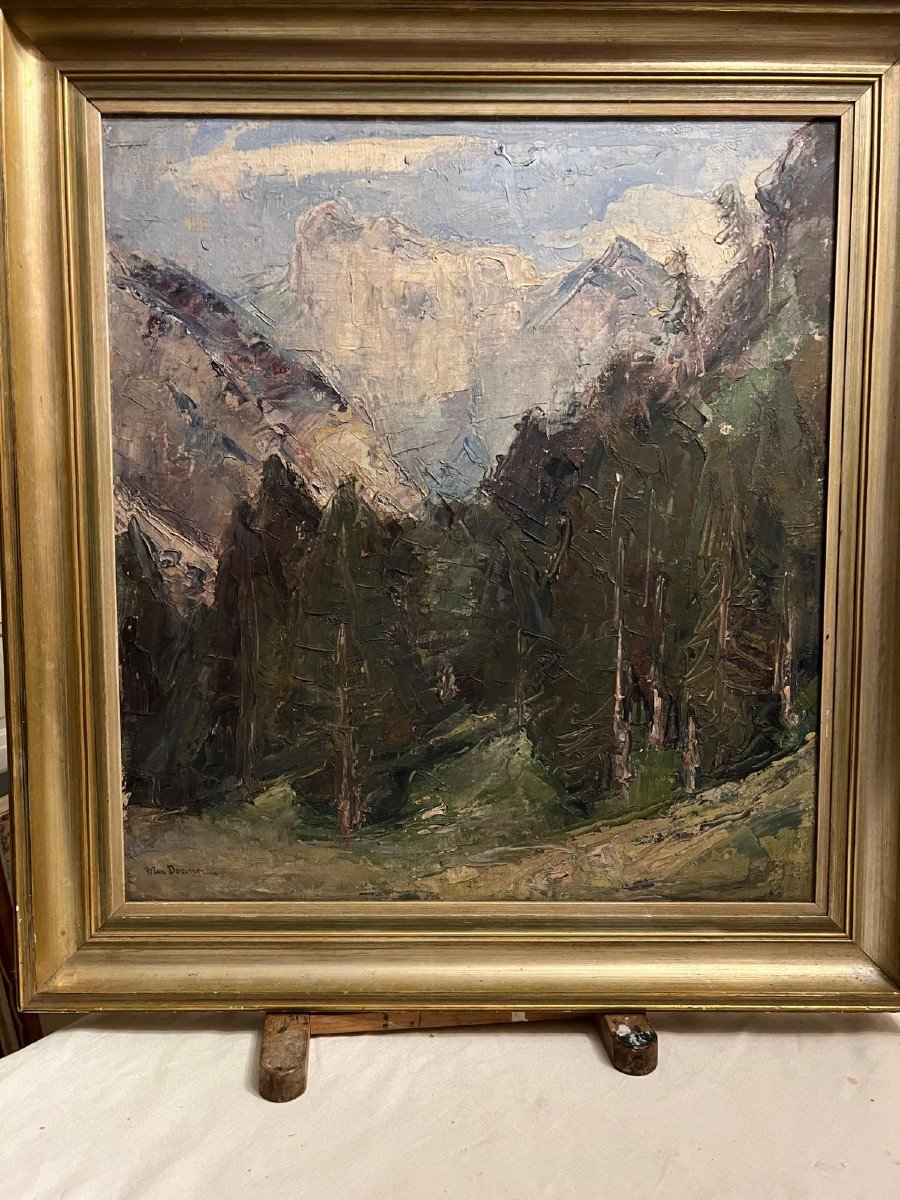 Tableau Montagnes Signé Max Doerner, 1870-1909. Huile Sur Toile. -photo-3