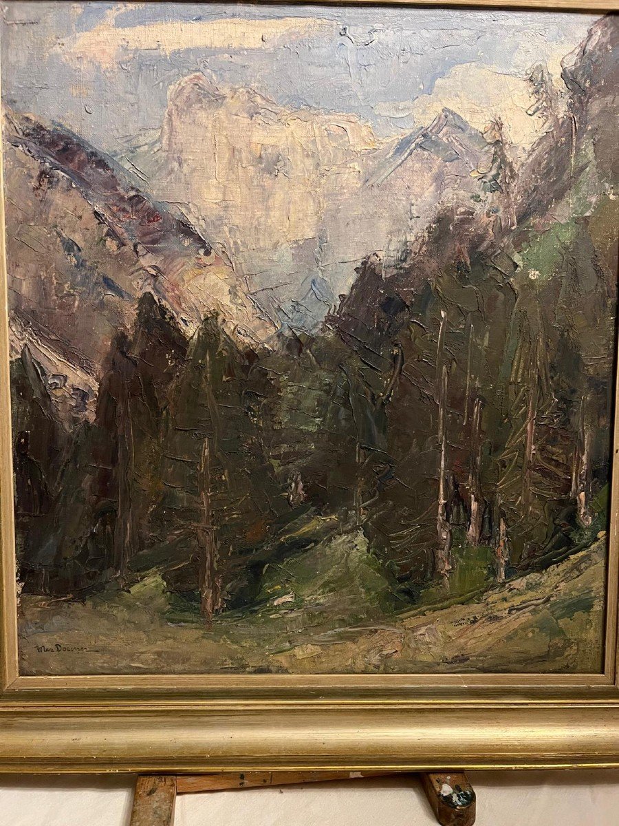 Tableau Montagnes Signé Max Doerner, 1870-1909. Huile Sur Toile. -photo-2