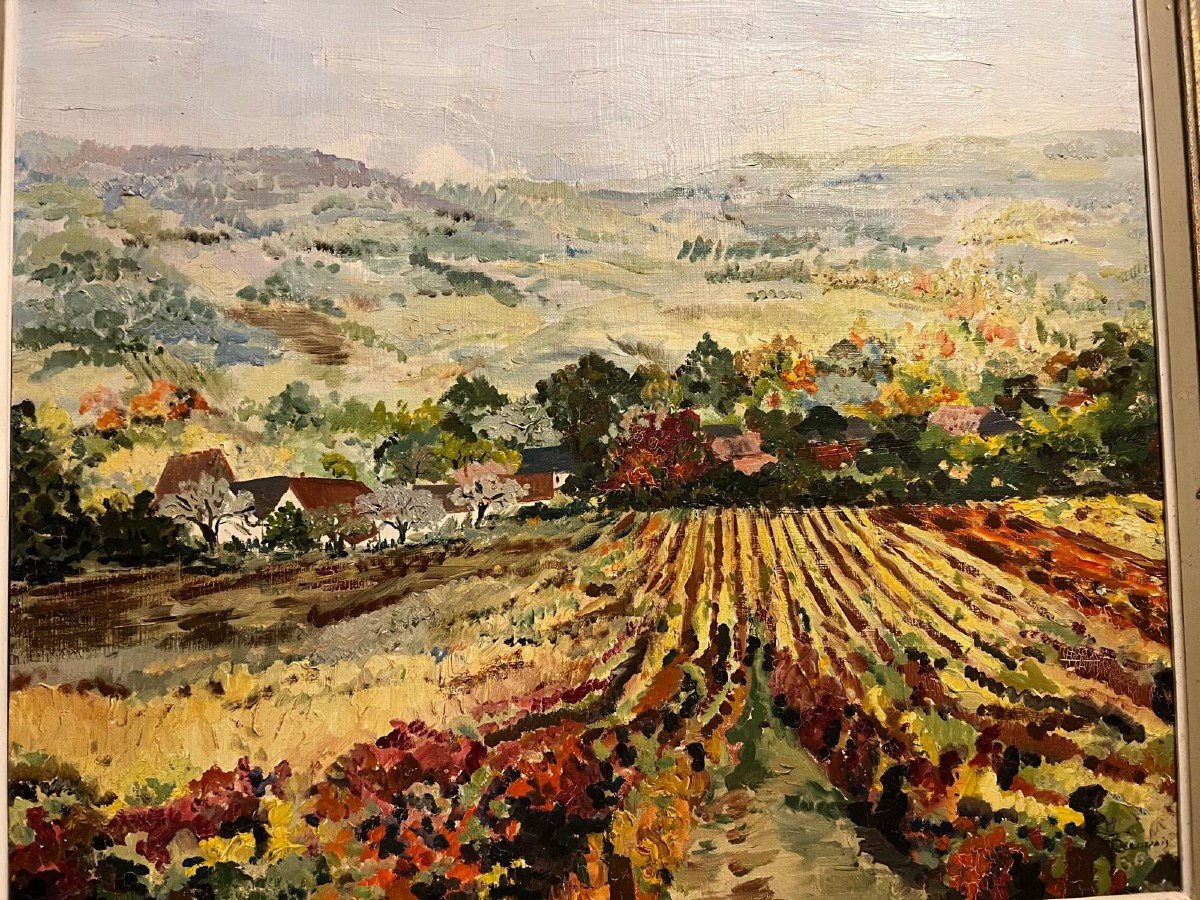 Tableau Les Vendanges En Corse, Signé Monica Beauvais.  Bas .d . Très Joli Cadre Sculpter. -photo-2