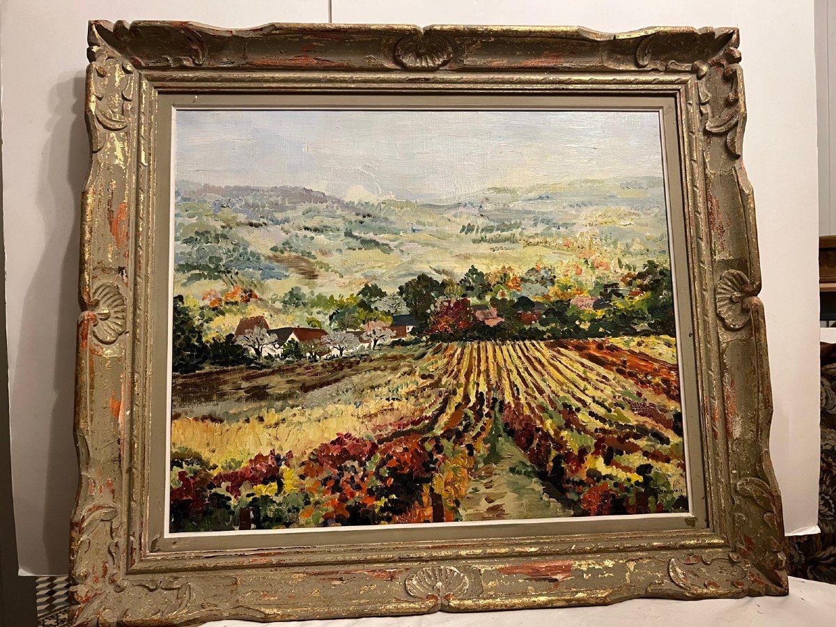 Tableau Les Vendanges En Corse, Signé Monica Beauvais.  Bas .d . Très Joli Cadre Sculpter. -photo-3