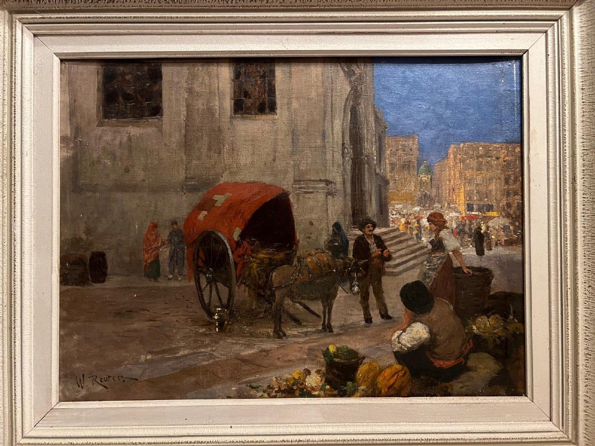 Painting Signed W. Reuter, 1859 - 1937. Market Scene In Italy -photo-3