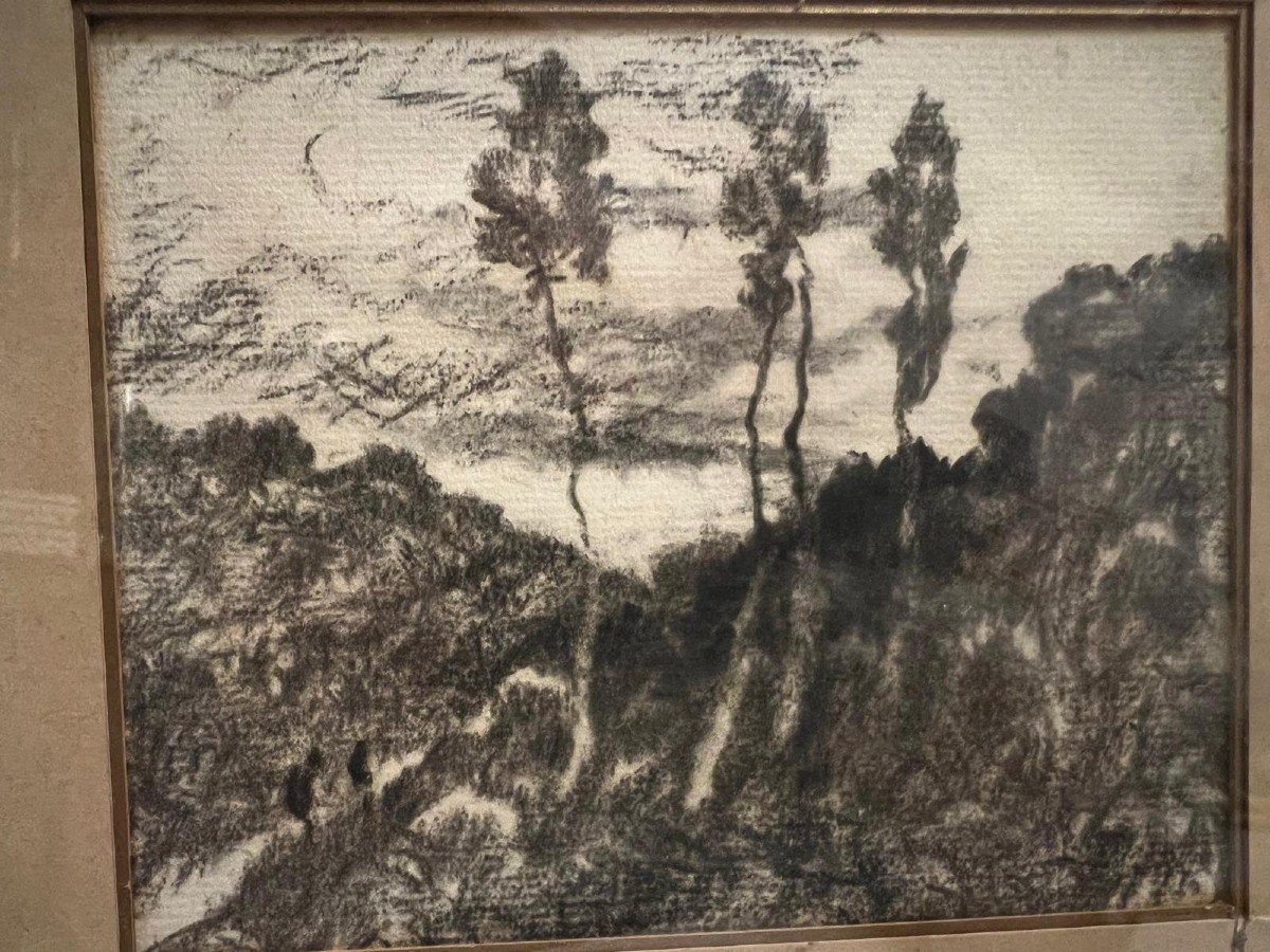 2 Tableaux Paysage Dessin Fusain Signé, Henri Joseph Harpignies, 1819-1916.-photo-2