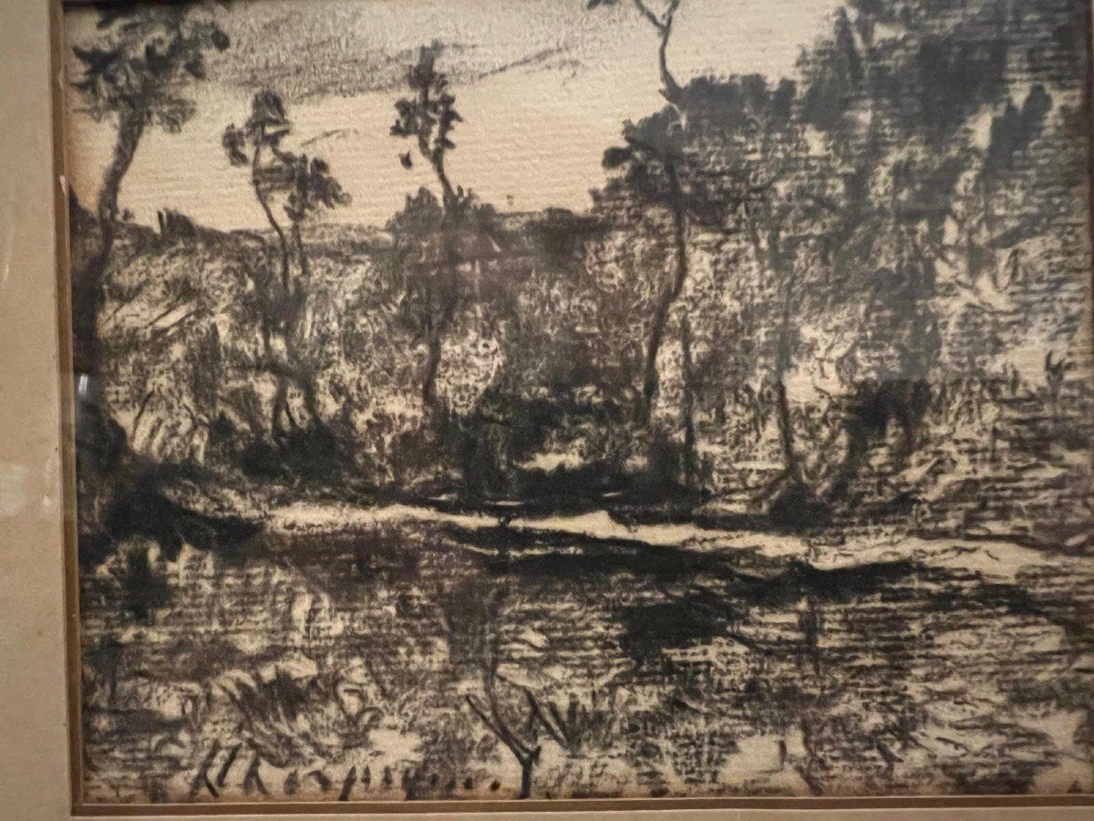 2 Tableaux Paysage Dessin Fusain Signé, Henri Joseph Harpignies, 1819-1916.-photo-3