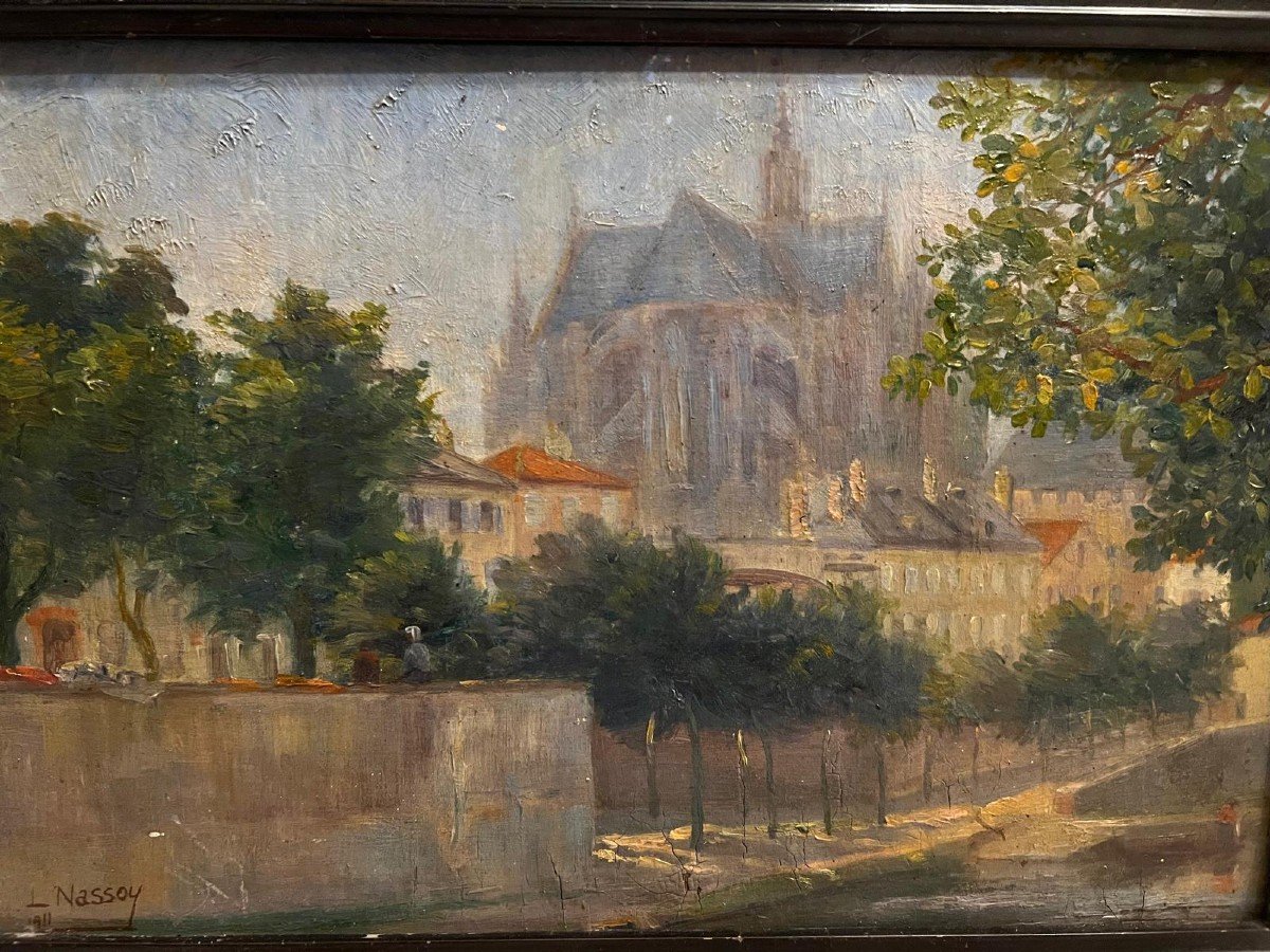 Signed Painting, L. Nassoy 1911, Cathedral, Oil On Cardboard. -photo-3