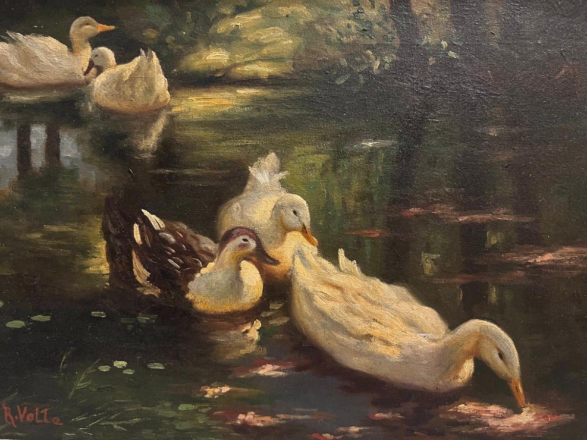 Tableau Signé, R. Volle, Canards Dans La Mare, Huile Sur Toile. -photo-2