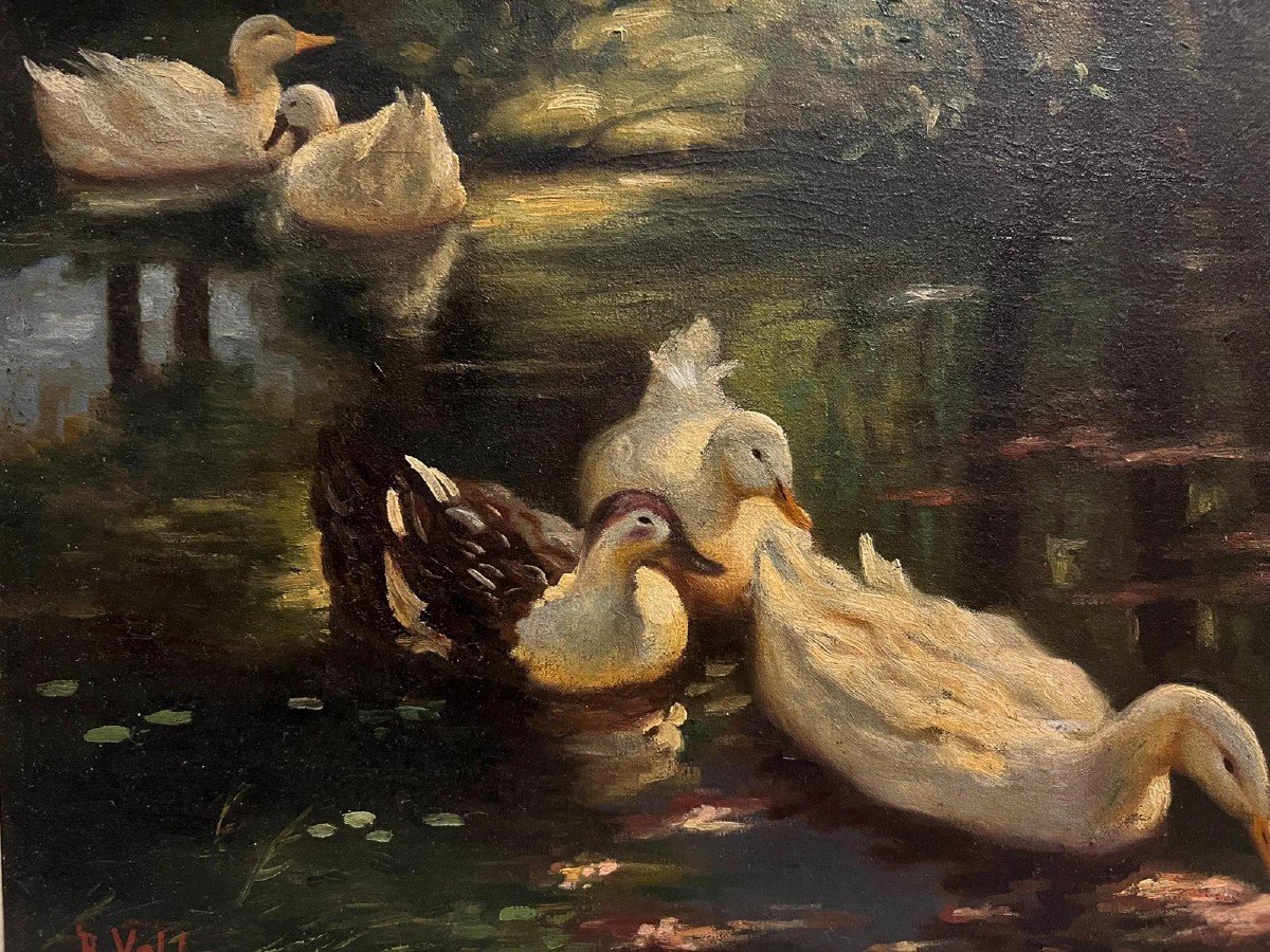 Tableau Signé, R. Volle, Canards Dans La Mare, Huile Sur Toile. -photo-4