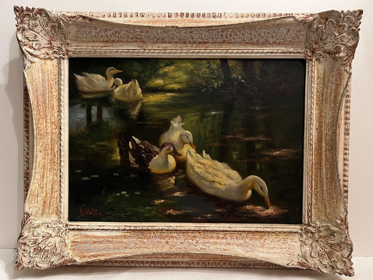 Tableau Signé, R. Volle, Canards Dans La Mare, Huile Sur Toile. -photo-1