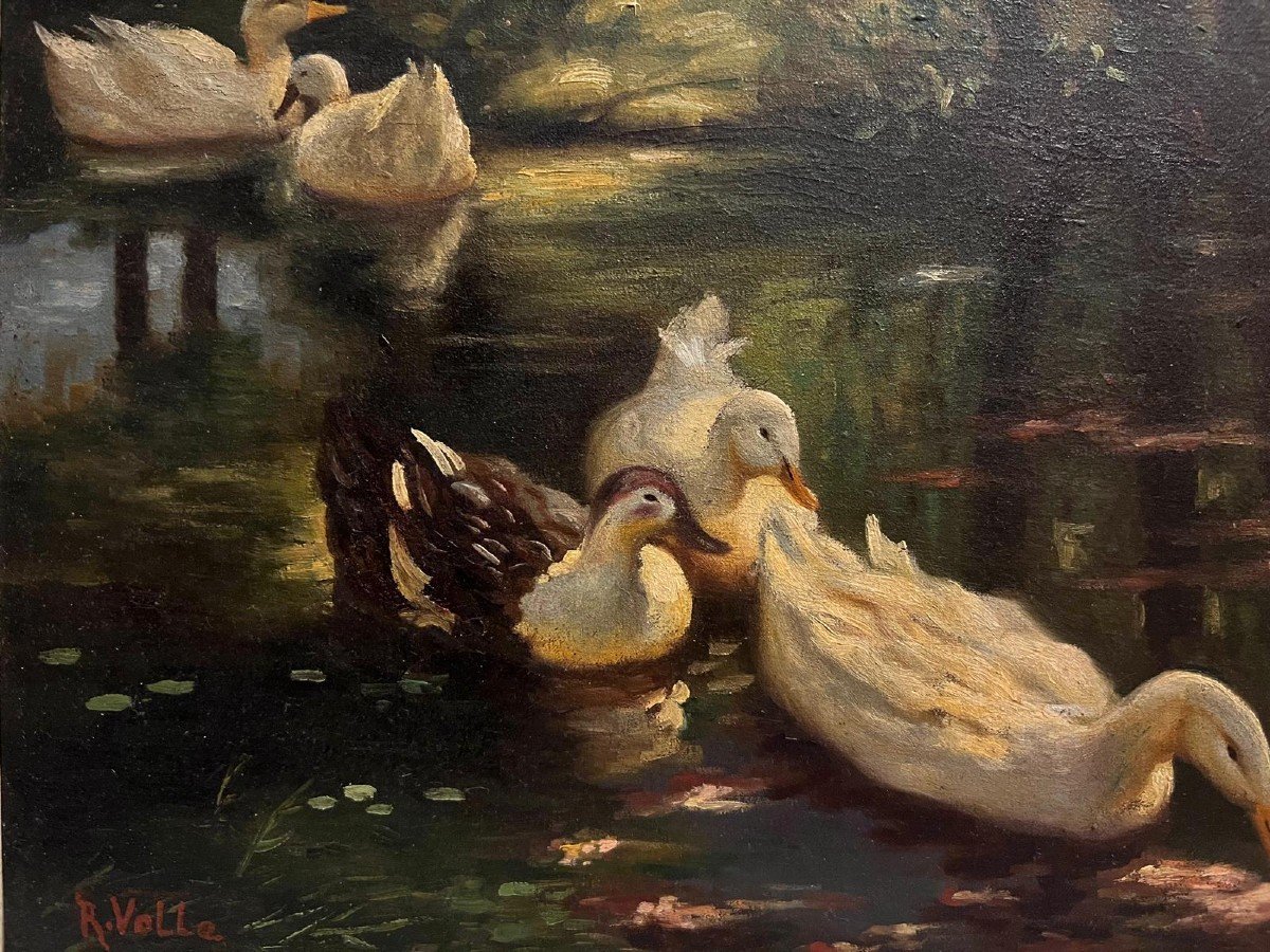 Tableau Signé, R. Volle, Canards Dans La Mare, Huile Sur Toile. -photo-3