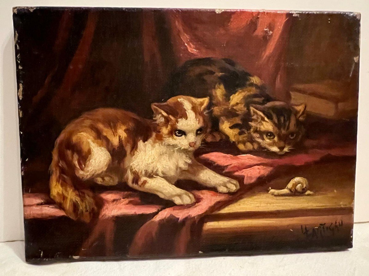 Signed Painting, L. Lartigau, Cats Playing With A Snail, Oil On Canvas. -photo-3