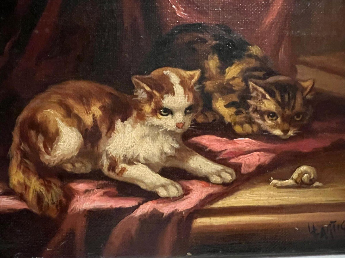 Signed Painting, L. Lartigau, Cats Playing With A Snail, Oil On Canvas. 