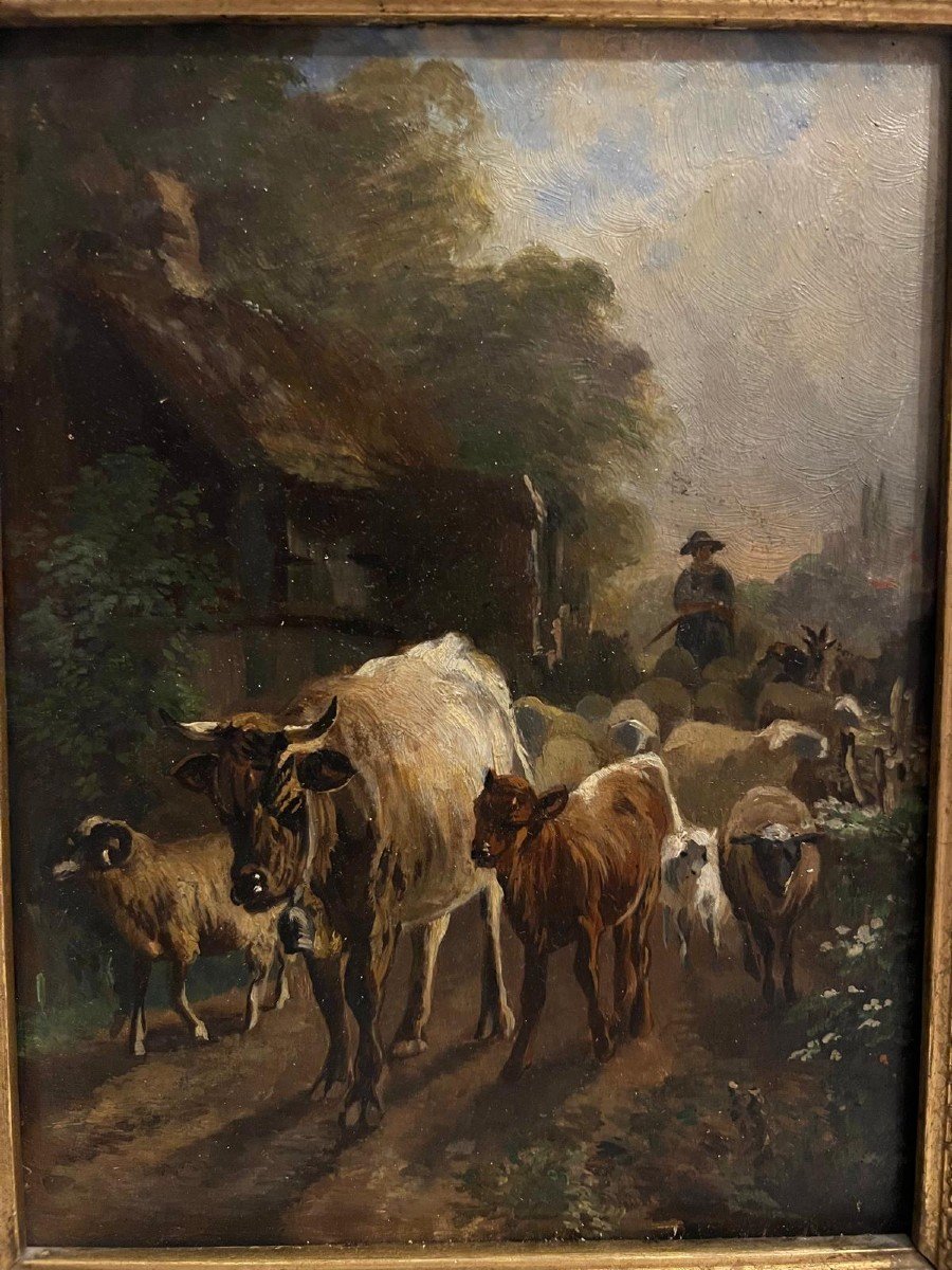 Painting, The Guardian And His Flock 19th Century, Oil On Wood. -photo-2