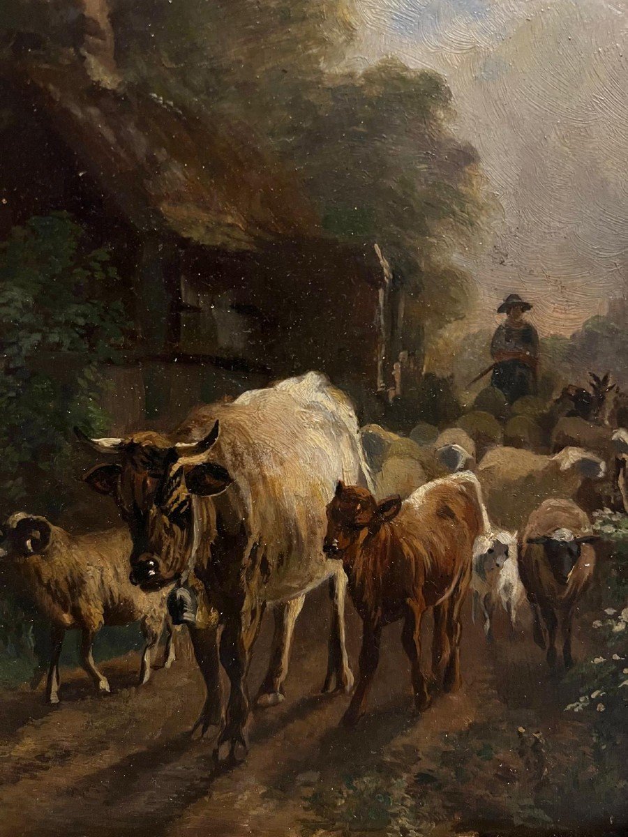 Painting, The Guardian And His Flock 19th Century, Oil On Wood. -photo-3