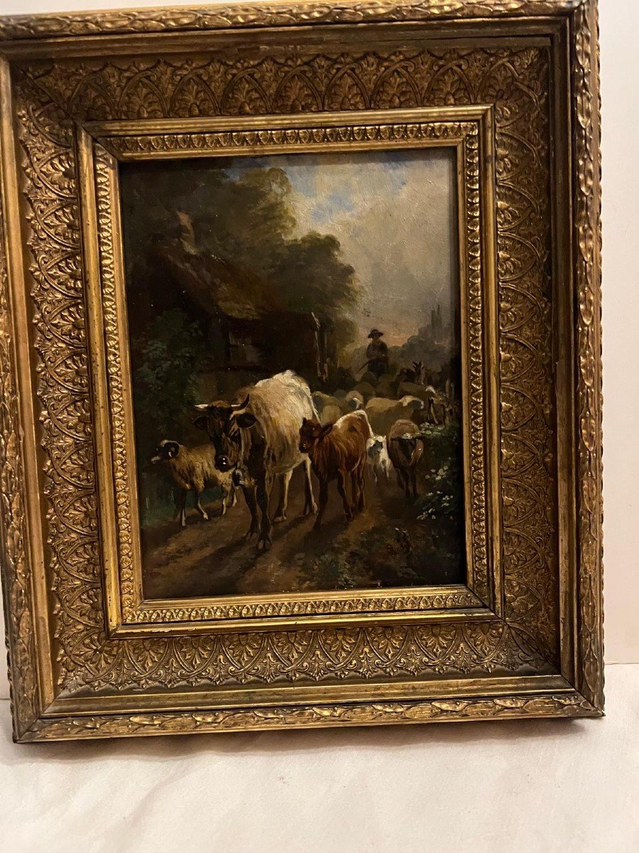 Painting, The Guardian And His Flock 19th Century, Oil On Wood. -photo-1