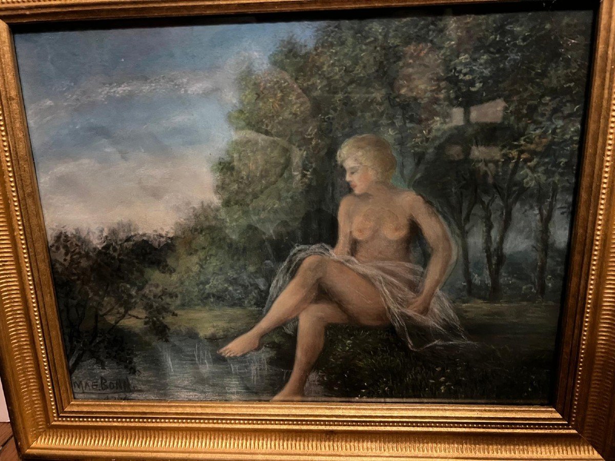 Signed Painting, Marguerite Bounaire, Naked Woman At The Edge Of The Stream, Pastel. -photo-2