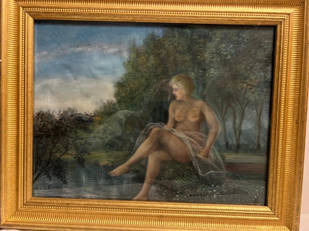 Signed Painting, Marguerite Bounaire, Naked Woman At The Edge Of The Stream, Pastel. -photo-3