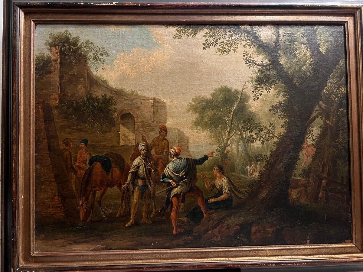 Turkish School Painting "ottoman" School Meeting In The Forest, Oil On Canvas Mounted On Panel