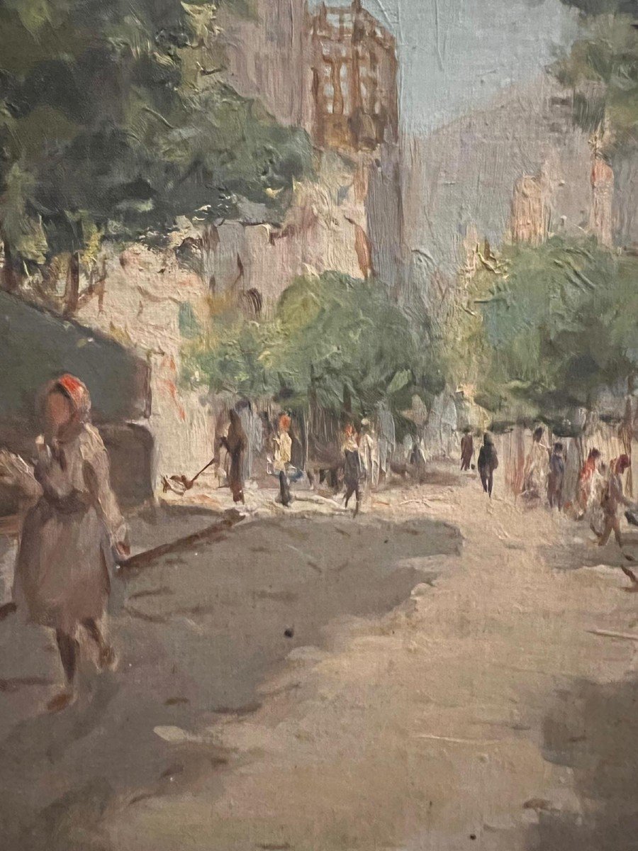 Tableau Signé, G. Osorio. Scène De Rue, école Portugaise  Huile Sur Bois. -photo-3