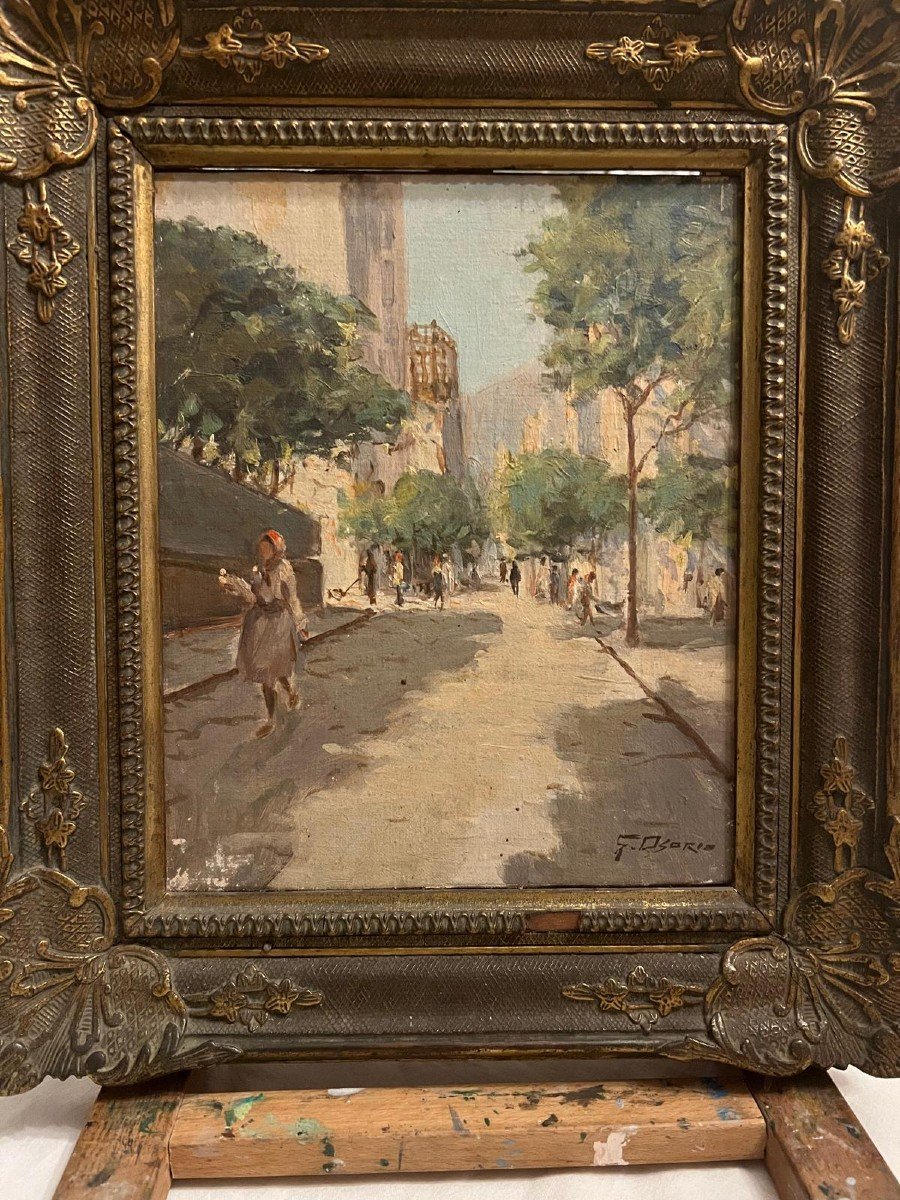 Tableau Signé, G. Osorio. Scène De Rue, école Portugaise  Huile Sur Bois. -photo-4