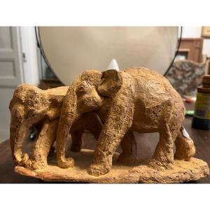 Terre Cuite, éléphant Et Son Petit