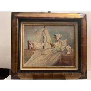 Painting Signed Henry Bréard, Woman Supervising The Cradle. 