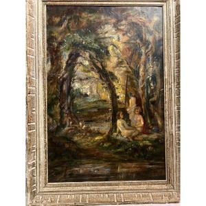 Tableau Femmes Nu,dans La Forêt. Huile Sur Carton 