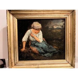 Painting Signed Bg (charles Auguste Risler1819-1899. Young Girl Seated Harvesting. 