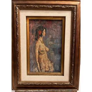 Tableau  Signé  Manoel Santiago 1897-1987 Femme  Sein  Nú, Huile  Sur Bois 