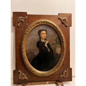 Painting Portrait Of An Elegant Young Woman, Oil On Wood, Beautifully Framed. 