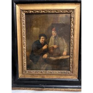 Illegible Signed Painting, Northern School, The Card Players, Oil On Wood. 