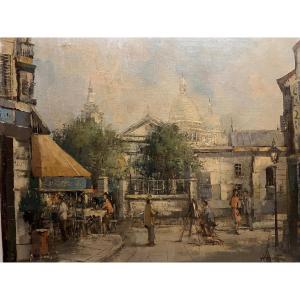 Illegible Signed Painting, Place Du Tertre, Montmartre Paris, Lively Square. 