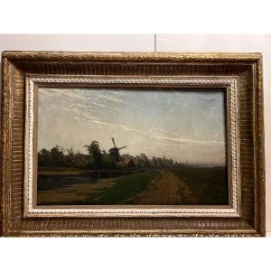 Painting Signed George Schmitz Landscape With Mill, Wind, Oil On Canvas. 