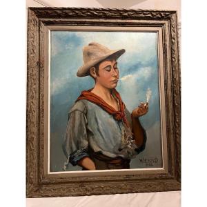 Painting Signed W. Bergelt 1908. Young Boy Smoking A Cigarette, Oil On Wood. 