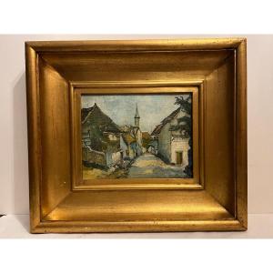 Tableau Paysage Vue Du Village, Huile Sur Toile. 