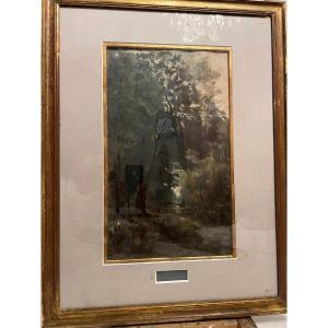 Signed Painting, Th. Rousseau, Forest Landscape, Oil On Paper, Small Accident At The Bottom.