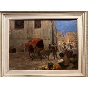 Tableau Signé W. Reuter, 1859 - 1937. Scène De Marché En Italie 