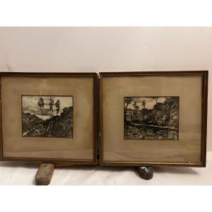 2 Tableaux Paysage Dessin Fusain Signé, Henri Joseph Harpignies, 1819-1916.