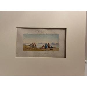 Painting Women Collecting Shells, Signed Louis Tesson, 1820-1870