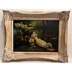 Signed Painting, R. Volle, Ducks In The Pond, Oil On Canvas. 