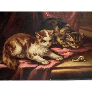 Signed Painting, L. Lartigau, Cats Playing With A Snail, Oil On Canvas. 