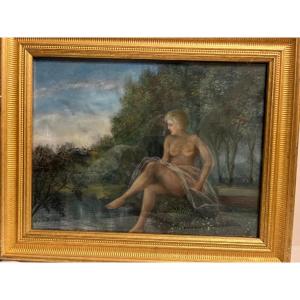 Signed Painting, Marguerite Bounaire, Naked Woman At The Edge Of The Stream, Pastel. 