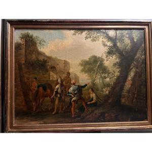 Tableau école Turque école "ottoman" Rencontre En Forêt, Huile  Sur Toile Maroufler Sur Panneau