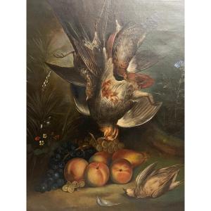 Painting Signed Lower Right Illegible, Still Life, Fruits And Bird 