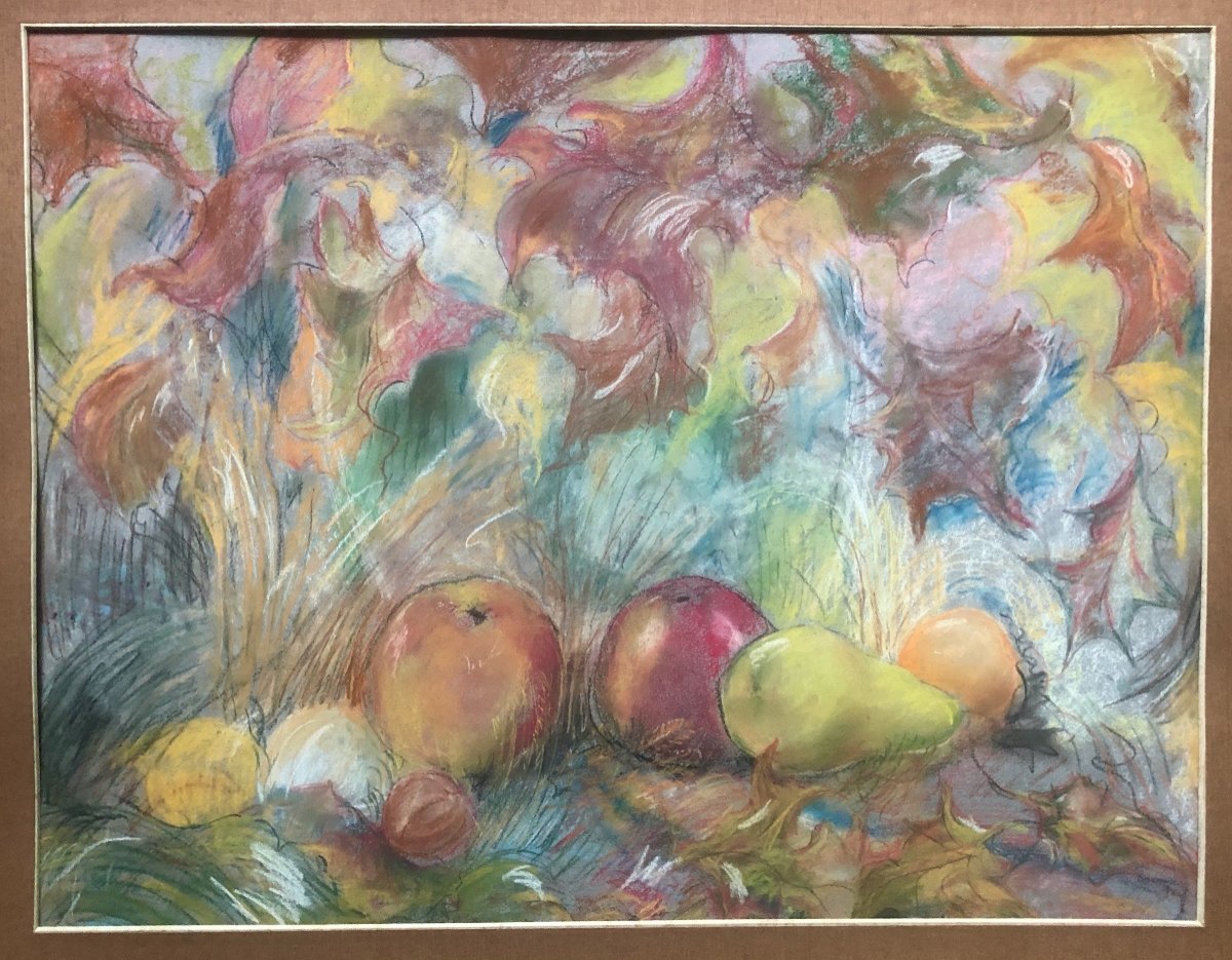 Large Pastel Still Life With Fruits Early XX Century Signed-photo-4