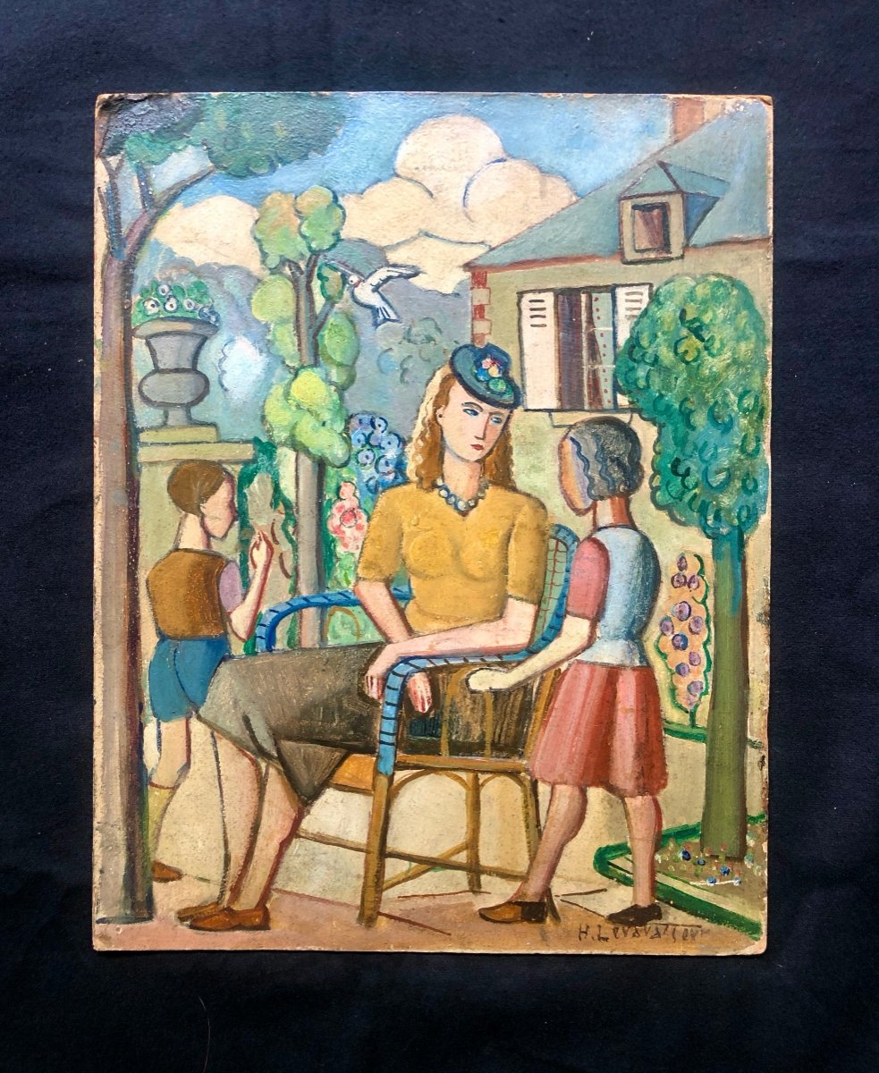 Henri Levasseur (1853-1934) Femme Et Enfants Dans Un Jardin 1933,  Art Déco-photo-4