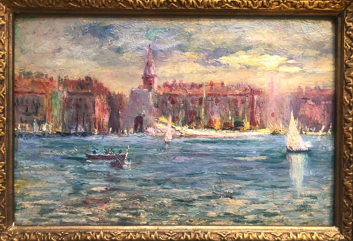 Vue De Venise Fin XIX Siècle Huile Sur Carton, encadrée-photo-2