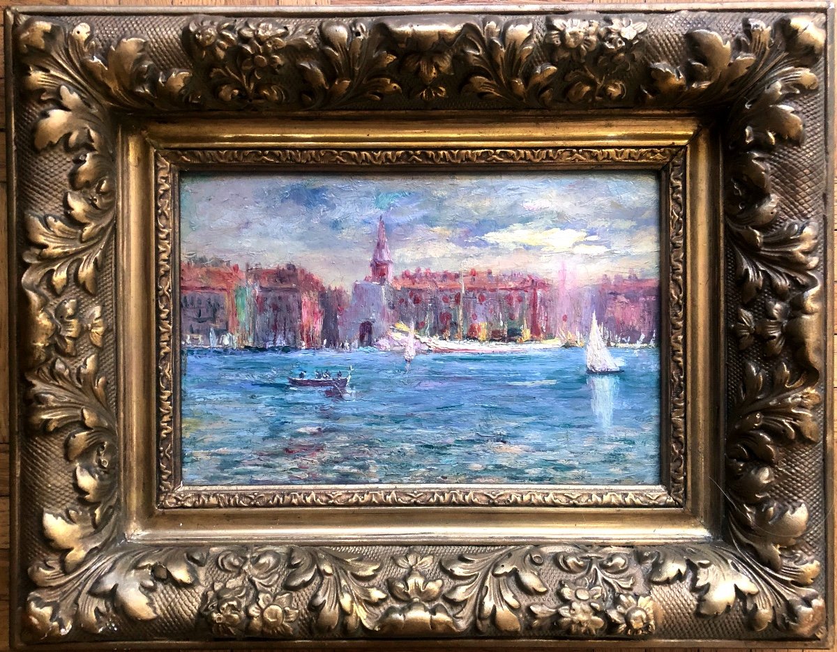 Vue De Venise Fin XIX Siècle Huile Sur Carton, encadrée