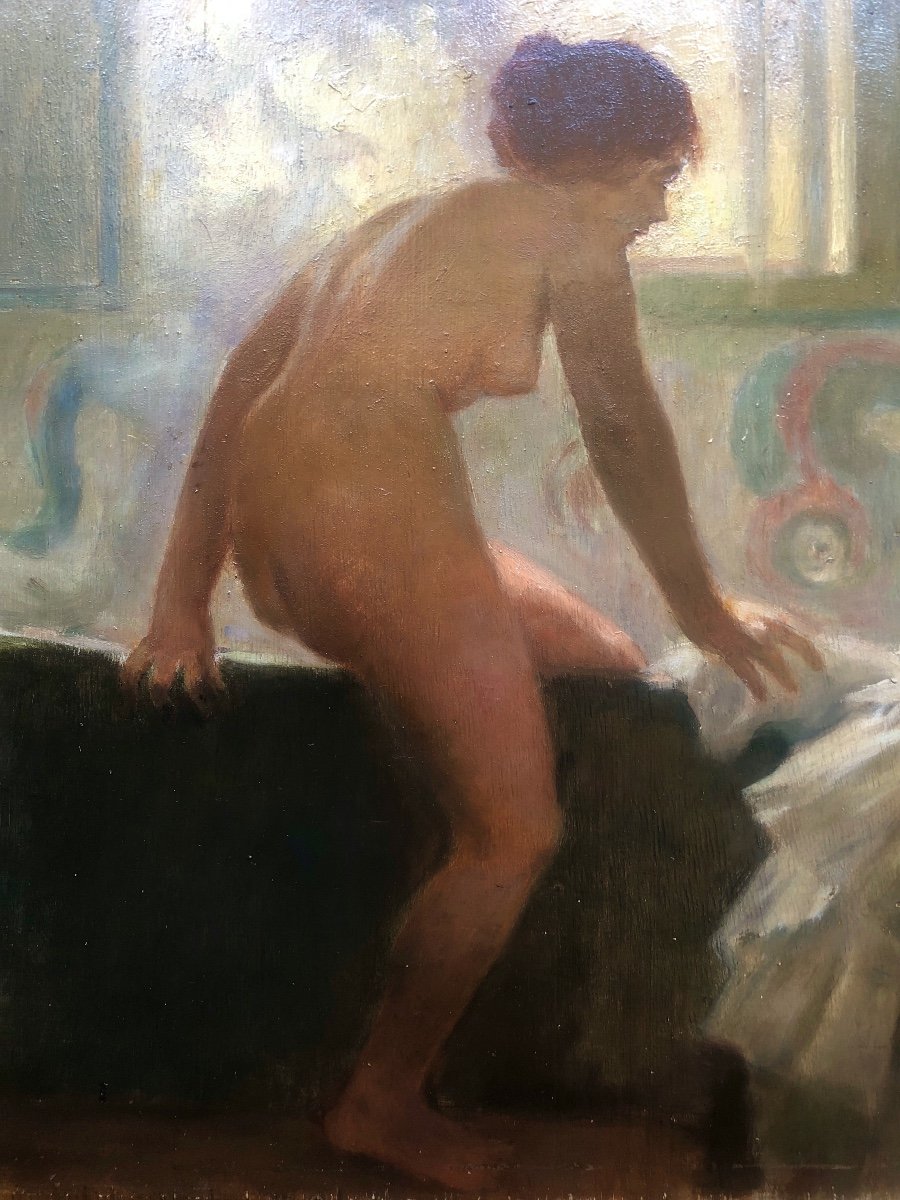 Femme Nue Au Bain, Huile Sur Bois, Début XX Siècle, Art Nouveau-photo-2