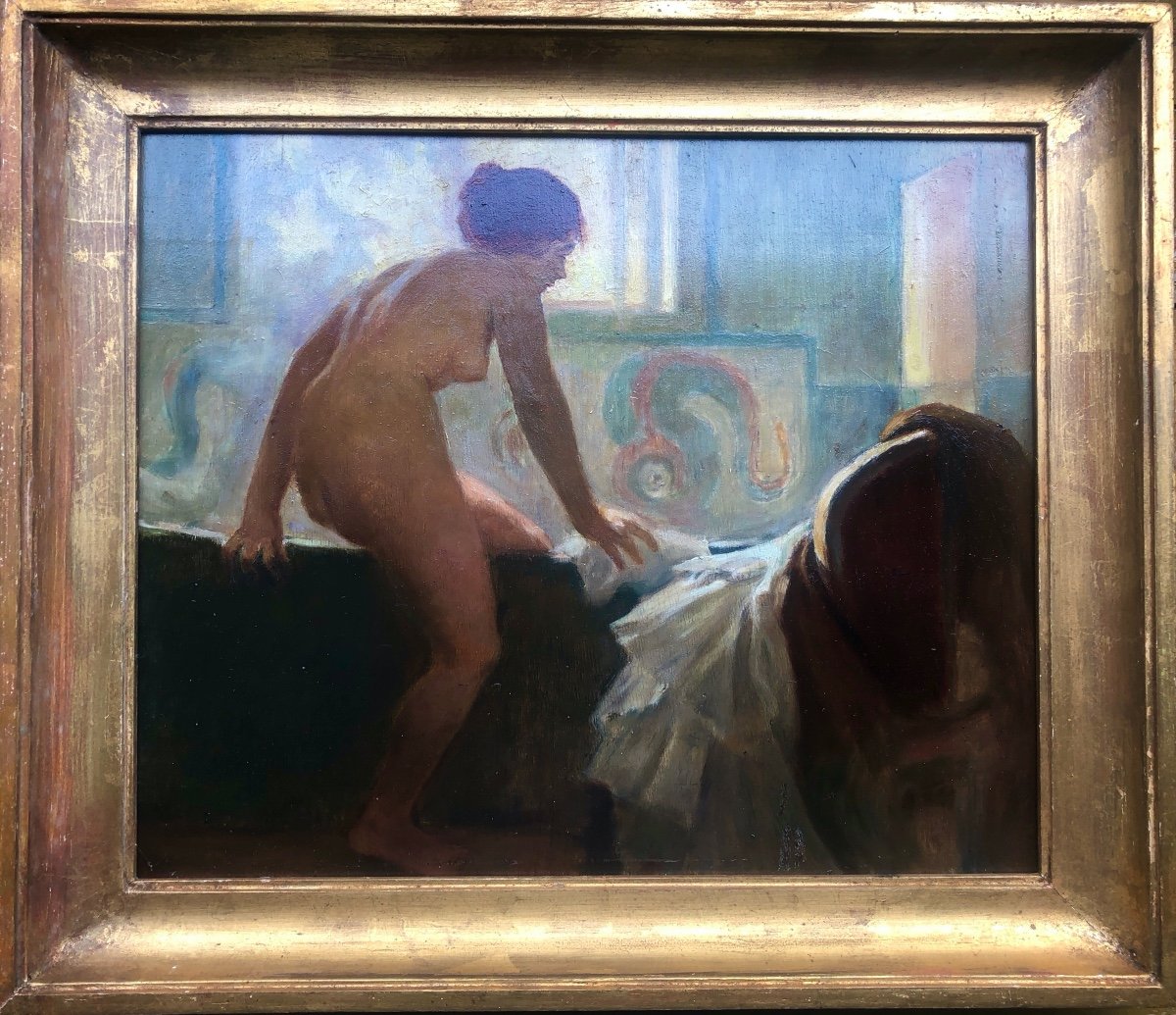 Femme Nue Au Bain, Huile Sur Bois, Début XX Siècle, Art Nouveau-photo-3