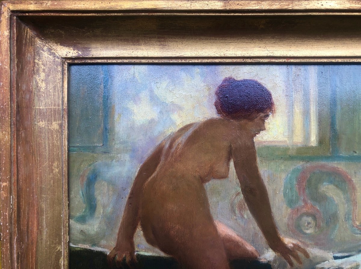 Femme Nue Au Bain, Huile Sur Bois, Début XX Siècle, Art Nouveau-photo-4